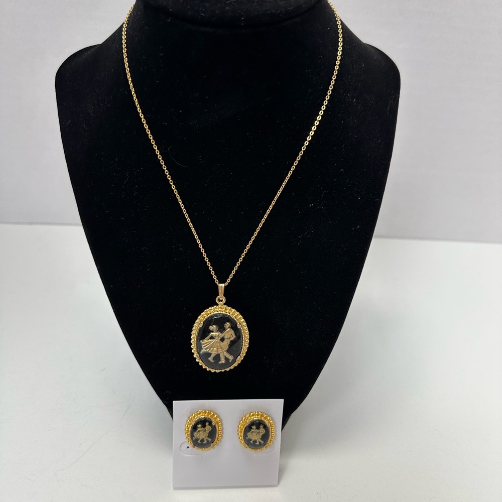 Gold and Black Vintage-Inspired Dancer Cameo Earrings and Necklace Set